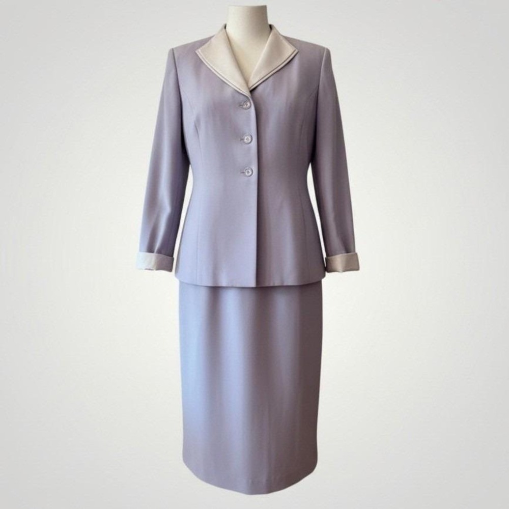Albert Nipon Vintage Midi Skirt Suit Women 16 Lavender Silk Trim Blazer Set